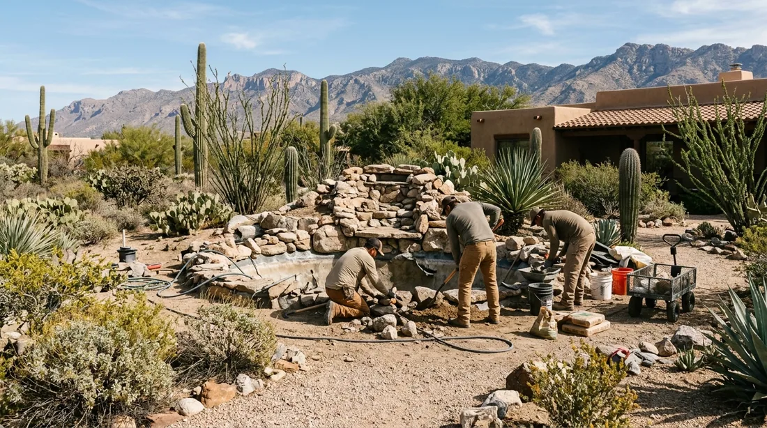 A small professional crew working on a water feature repair job at a property, seen from behind and — Tucson, AZ
